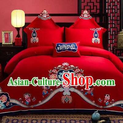 Traditional Chinese Style Wedding Bedding Set, China National Marriage Embroidery Love for All Seasons Red Textile Bedding Sheet Quilt Cover Seven-piece suit