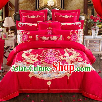 Traditional Chinese Style Marriage Bedding Set Embroidered Dragon Phoenix Peony Wedding Celebration Red Satin Drill Textile Bedding Sheet Quilt Cover Eleven-piece Suit