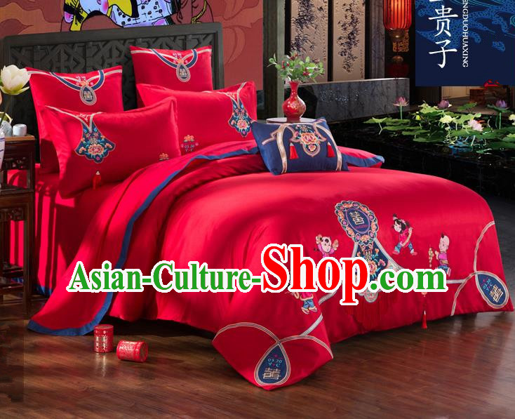 Traditional Chinese Style Wedding Bedding Article Embroidery Dragon and Phoenix Sheet and Duvet Cover Red Textile Bedding Suit