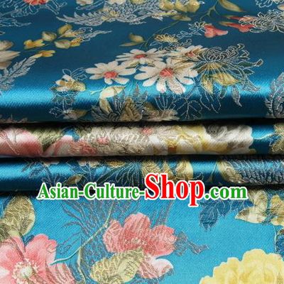 Chinese Royal Palace Traditional Costume Peony Pattern Blue Satin Brocade Fabric, Chinese Ancient Clothing Drapery Hanfu Cheongsam Material