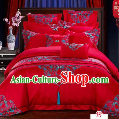 Traditional Chinese Style Marriage Bedding Set, China National Embroidered Wedding Red Textile Bedding Sheet Quilt Cover Four-piece suit
