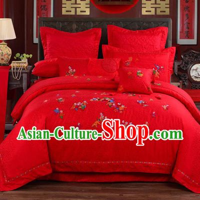 Traditional Chinese Style Marriage Bedding Set Embroidered Hundred Playing Children Wedding Red Textile Bedding Sheet Quilt Cover Ten-piece Suit