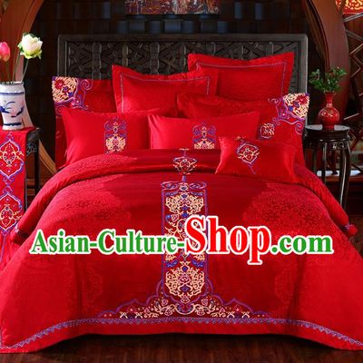 Traditional Chinese Style Marriage Bedding Set Embroidered Wedding Red Satin Textile Bedding Sheet Quilt Cover Ten-piece Suit