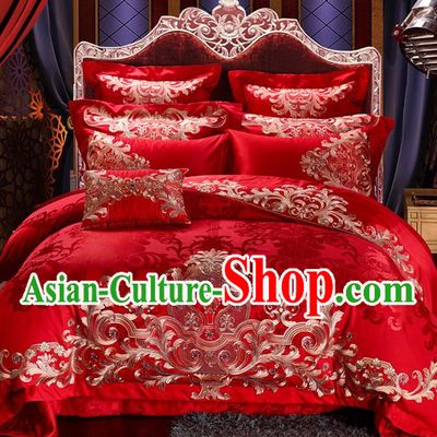 Traditional Chinese Style Marriage Bedding Set Embroidered Wedding Red Satin Textile Bedding Sheet Quilt Cover Ten-piece Suit