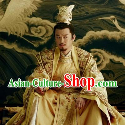 Traditional Chinese Tang Dynasty Imperial Emperor Clothing Ancient Majesty Embroidered Costume and Headpiece Complete Set for Men