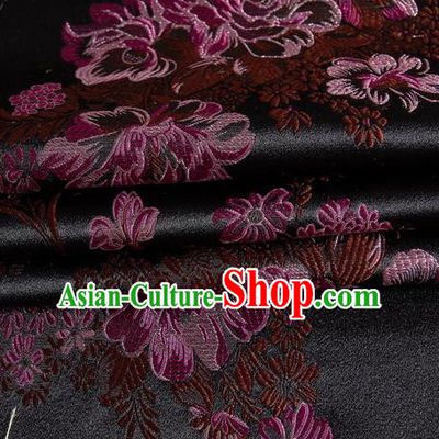Chinese Royal Palace Traditional Costume Peony Pattern Black Satin Brocade Fabric, Chinese Ancient Clothing Drapery Hanfu Cheongsam Material