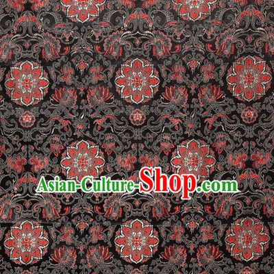 Chinese Royal Palace Traditional Costume Guanyin Flowers Pattern Black Satin Brocade Fabric, Chinese Ancient Clothing Drapery Hanfu Cheongsam Material