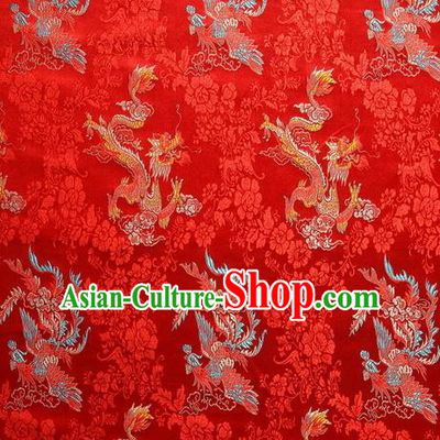 Chinese Royal Palace Traditional Costume Dragon and Phoenix Pattern Red Satin Brocade Fabric, Chinese Ancient Clothing Drapery Hanfu Cheongsam Material
