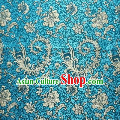 Chinese Royal Palace Traditional Costume Pteris Pattern Blue Satin Brocade Fabric, Chinese Ancient Clothing Drapery Hanfu Cheongsam Material