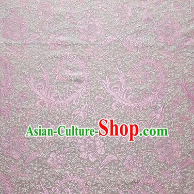 Chinese Royal Palace Traditional Costume Pink Pteris Pattern White Satin Brocade Fabric, Chinese Ancient Clothing Drapery Hanfu Cheongsam Material