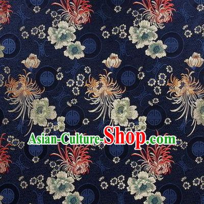 Chinese Traditional Costume Royal Palace Chrysanthemum Pattern Blue Satin Brocade Fabric, Chinese Ancient Clothing Drapery Hanfu Cheongsam Material