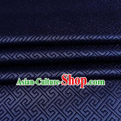 Chinese Traditional Costume Royal Palace Great Wall Pattern Navy Satin Brocade Fabric, Chinese Ancient Clothing Drapery Hanfu Cheongsam Material