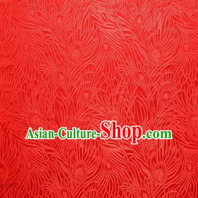 Chinese Royal Palace Traditional Costume Peacock Feather Pattern Red Satin Brocade Fabric, Chinese Ancient Clothing Drapery Hanfu Cheongsam Material