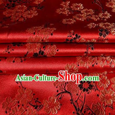 Chinese Traditional Costume Royal Palace Plum Blossom Pattern Red Satin Brocade Fabric, Chinese Ancient Clothing Drapery Hanfu Cheongsam Material