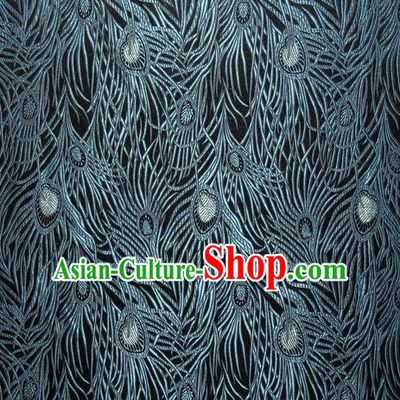 Chinese Traditional Costume Royal Palace Blue Peacock Feather Pattern Black Satin Brocade Fabric, Chinese Ancient Clothing Drapery Hanfu Cheongsam Material
