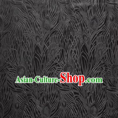 Chinese Traditional Costume Royal Palace Peacock Feather Pattern Black Satin Brocade Fabric, Chinese Ancient Clothing Drapery Hanfu Cheongsam Material