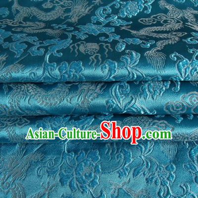 Chinese Traditional Costume Royal Palace Dragons Pattern Lake Blue Satin Brocade Fabric, Chinese Ancient Clothing Drapery Hanfu Cheongsam Material