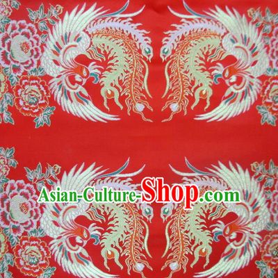 Chinese Traditional Costume Royal Palace Phoenix Pattern Red Satin Nanjing Brocade Fabric, Chinese Ancient Clothing Drapery Hanfu Cheongsam Material