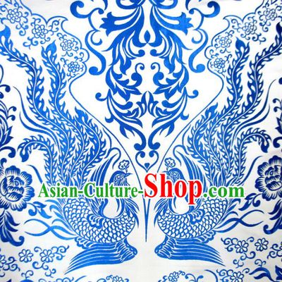 Chinese Traditional Costume Royal Palace Blue and White Porcelain Phoenix Pattern Satin Nanjing Brocade Fabric, Chinese Ancient Clothing Drapery Hanfu Cheongsam Material