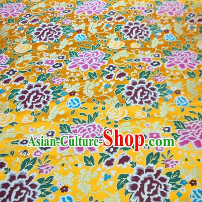 Chinese Traditional Costume Royal Palace Peony Pattern Yellow Satin Nanjing Brocade Fabric, Chinese Ancient Clothing Drapery Hanfu Cheongsam Material