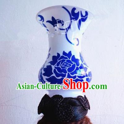 Asian Traditional Blue and White Porcelain Headpieces Model Show Headdress Ceremonial Occasions Handmade Hair Accessories
