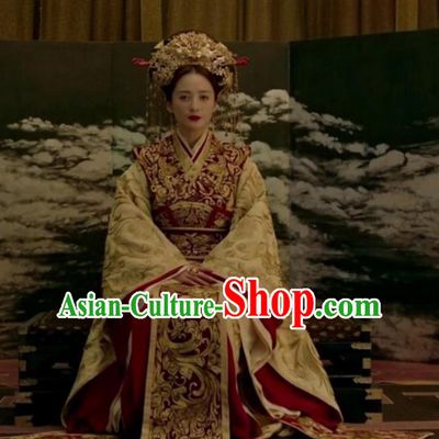 Traditional Chinese Tang Dynasty Imperial Empress Embroidered Trailing Costume and Headpiece Complete Set for Women