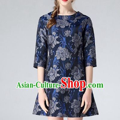 Chinese Traditional Costume Royal Palace Navy Peony Jacquard Weave Brocade Fabric, Chinese Ancient Clothing Drapery Hanfu Cheongsam Material