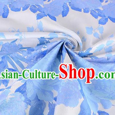 Chinese Traditional Costume Royal Palace Peony Pattern Blue Brocade Fabric, Chinese Ancient Clothing Drapery Hanfu Cheongsam Material