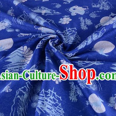 Chinese Traditional Costume Royal Palace Pattern Blue Brocade Fabric, Chinese Ancient Clothing Drapery Hanfu Cheongsam Material