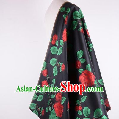 Chinese Traditional Costume Royal Palace Rose Pattern Black Brocade Fabric, Chinese Ancient Clothing Drapery Hanfu Cheongsam Material