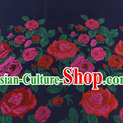 Chinese Traditional Costume Royal Palace Printing Rose Navy Brocade Fabric, Chinese Ancient Clothing Drapery Hanfu Cheongsam Material