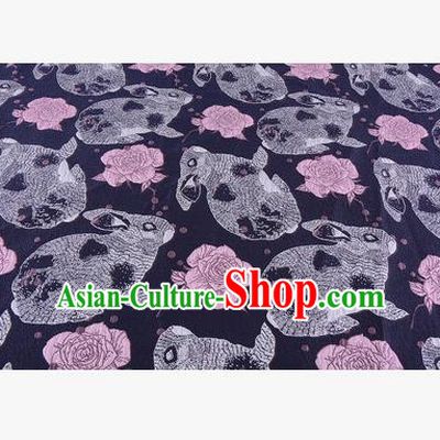 Chinese Traditional Costume Royal Palace Rabbit Flowers Pattern Navy Fabric, Chinese Ancient Clothing Drapery Hanfu Cheongsam Material