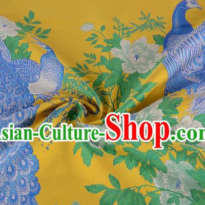 Chinese Traditional Costume Royal Palace Printing Peacock Peony Yellow Brocade Fabric, Chinese Ancient Clothing Drapery Hanfu Cheongsam Material