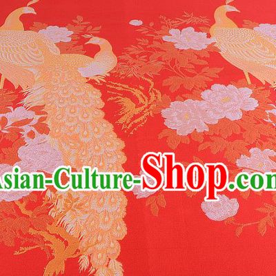 Chinese Traditional Costume Royal Palace Printing Peacock Peony Red Brocade Fabric, Chinese Ancient Clothing Drapery Hanfu Cheongsam Material