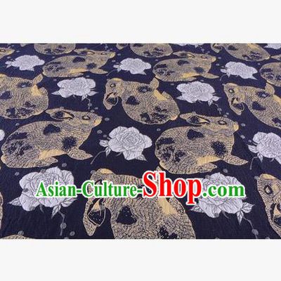 Chinese Traditional Costume Royal Palace Golden Rabbit Flowers Pattern Navy Fabric, Chinese Ancient Clothing Drapery Hanfu Cheongsam Material