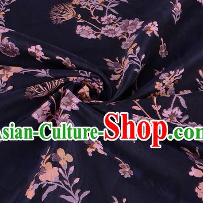 Chinese Traditional Costume Royal Palace Printing Dandelion Pattern Navy Brocade Fabric, Chinese Ancient Clothing Drapery Hanfu Cheongsam Material