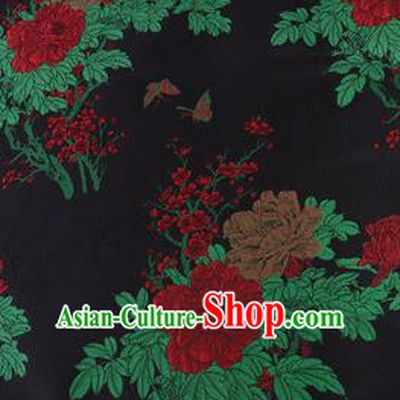 Chinese Traditional Costume Royal Palace Printing Red Peony Pattern Black Brocade Fabric, Chinese Ancient Clothing Drapery Hanfu Cheongsam Material