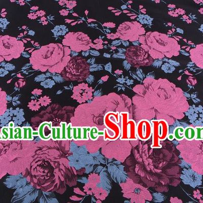 Chinese Traditional Costume Royal Palace Printing Pink Peony Pattern Black Brocade Fabric, Chinese Ancient Clothing Drapery Hanfu Cheongsam Material
