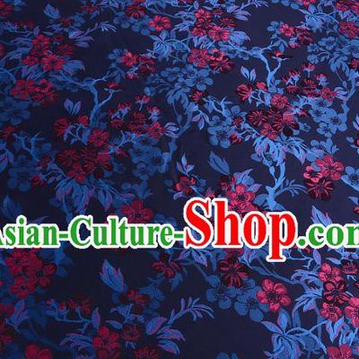 Chinese Traditional Costume Royal Palace Wintersweet Pattern Deep Blue Brocade Fabric, Chinese Ancient Clothing Drapery Hanfu Cheongsam Material