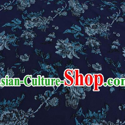 Chinese Traditional Costume Royal Palace Printing Flowers Navy Satin Brocade Fabric, Chinese Ancient Clothing Drapery Hanfu Cheongsam Material