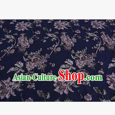 Chinese Traditional Costume Royal Palace Printing Flowers Deep Blue Satin Brocade Fabric, Chinese Ancient Clothing Drapery Hanfu Cheongsam Material