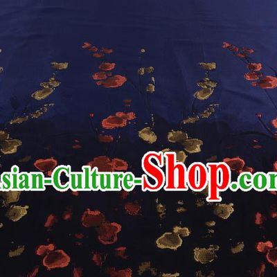 Chinese Traditional Costume Royal Palace Printing Flowers Navy Satin Brocade Fabric, Chinese Ancient Clothing Drapery Hanfu Cheongsam Material