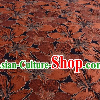 Chinese Traditional Costume Royal Palace Printing Orange Lily Flowers Black Satin Brocade Fabric, Chinese Ancient Clothing Drapery Hanfu Cheongsam Material