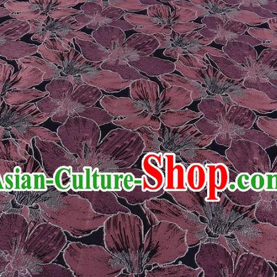 Chinese Traditional Costume Royal Palace Printing Purple Lily Flowers Black Satin Brocade Fabric, Chinese Ancient Clothing Drapery Hanfu Cheongsam Material
