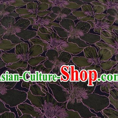 Chinese Traditional Costume Royal Palace Printing Green Lily Flowers Black Satin Brocade Fabric, Chinese Ancient Clothing Drapery Hanfu Cheongsam Material