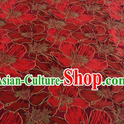 Chinese Traditional Costume Royal Palace Printing Red Lily Flowers Black Satin Brocade Fabric, Chinese Ancient Clothing Drapery Hanfu Cheongsam Material