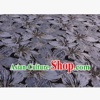 Chinese Traditional Costume Royal Palace Printing Grey Lily Flowers Black Satin Brocade Fabric, Chinese Ancient Clothing Drapery Hanfu Cheongsam Material