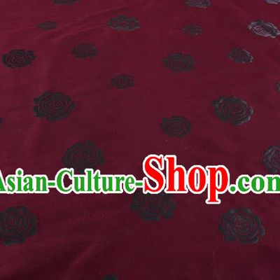 Chinese Traditional Costume Royal Palace Rose Pattern Wine Red Satin Brocade Fabric, Chinese Ancient Clothing Drapery Hanfu Cheongsam Material