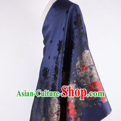 Chinese Traditional Costume Royal Palace Printing Flowers Pattern Deep Blue Brocade Fabric, Chinese Ancient Clothing Drapery Hanfu Cheongsam Material