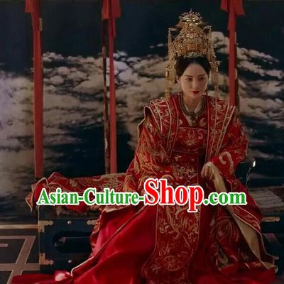 Traditional Chinese Tang Dynasty Imperial Empress Palace Lady Wedding Costume and Headpiece Complete Set for Women